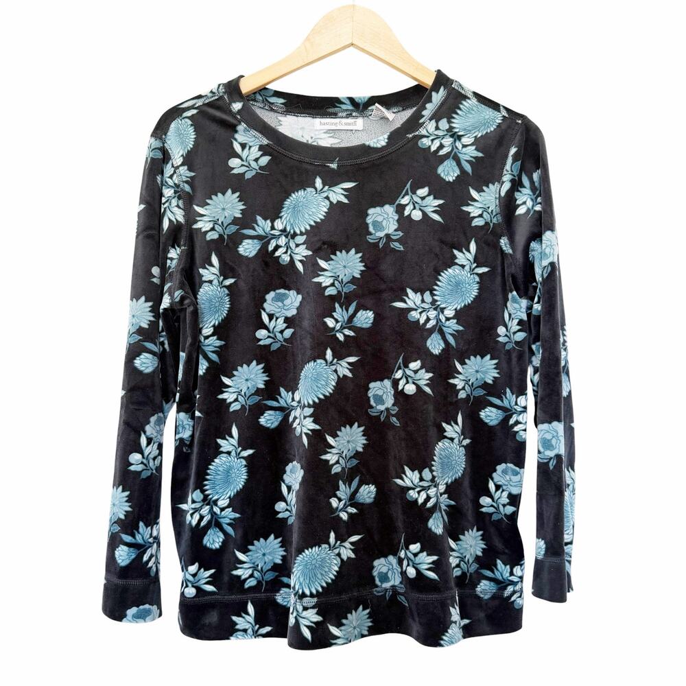 Hasting & Smith Navy Blue Velour Floral Long Sleeve Shirt Sz S
